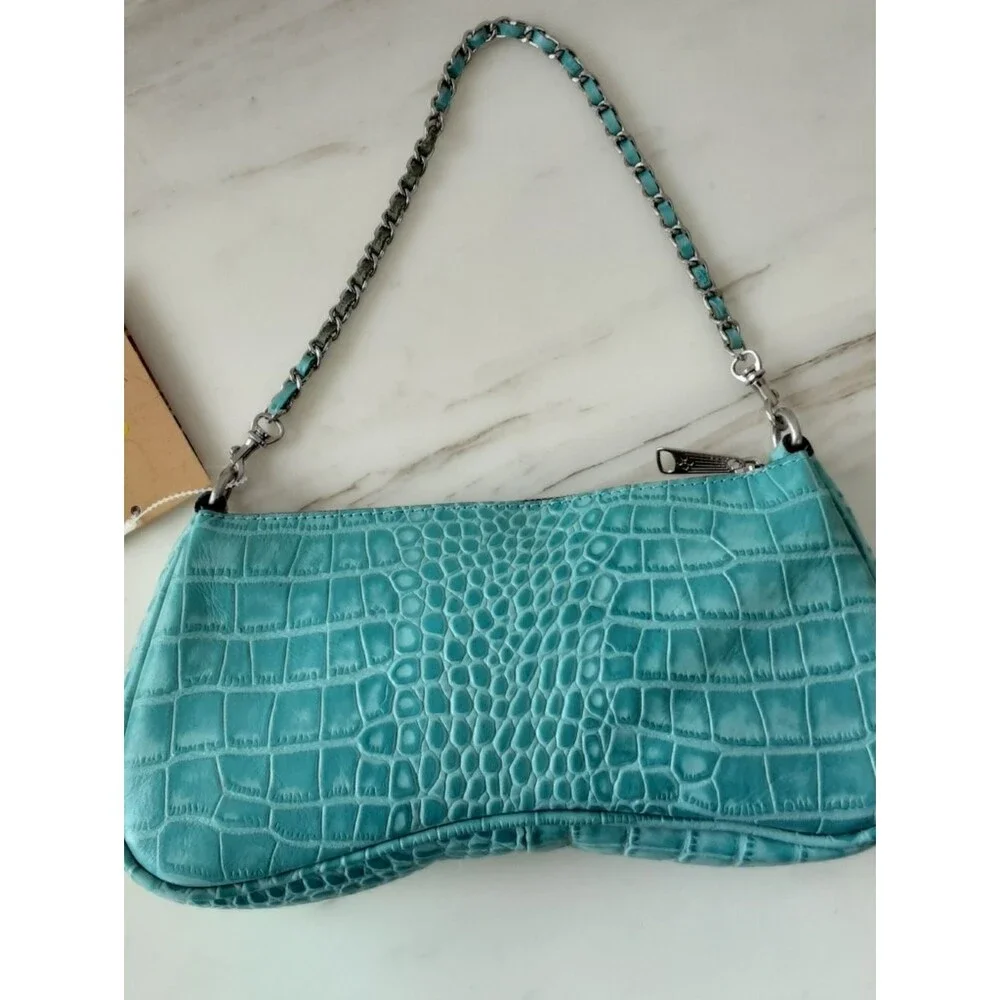 PATRICIA NASH Riley Aqua Croc Embossed Leather Baguette Crossbody - NWT